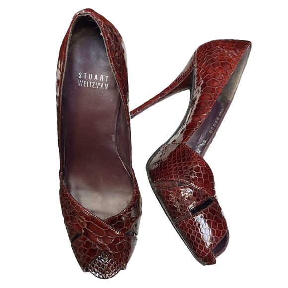 STUART WEITZMAN Embossed Leather Pumps Red Peep Toe Stiletto Heel Spain EUC 6.5M - Picture 11 of 11